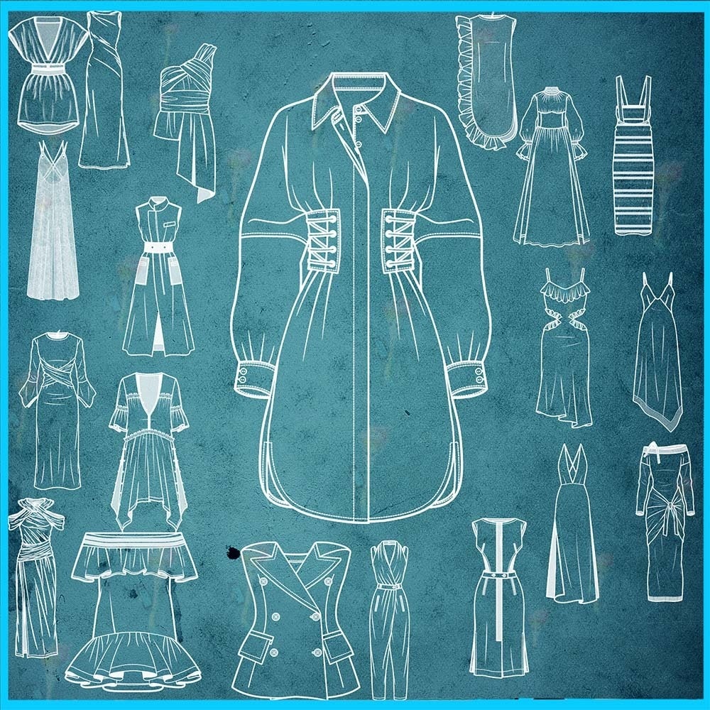 ProcreateとPhotoshop用のイブニングドレスとワンピースのデザインブラシセット52種類 - 婦人服、スカート、ファッションスケッチ素材