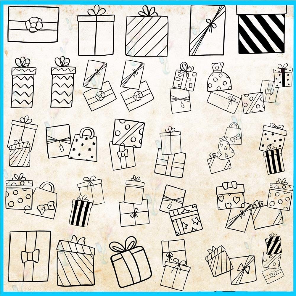 ProcreateとPhotoshop用のギフトボックスとプレゼントブラシセット60種類 - かわいい線画、デコレーション、イラスト