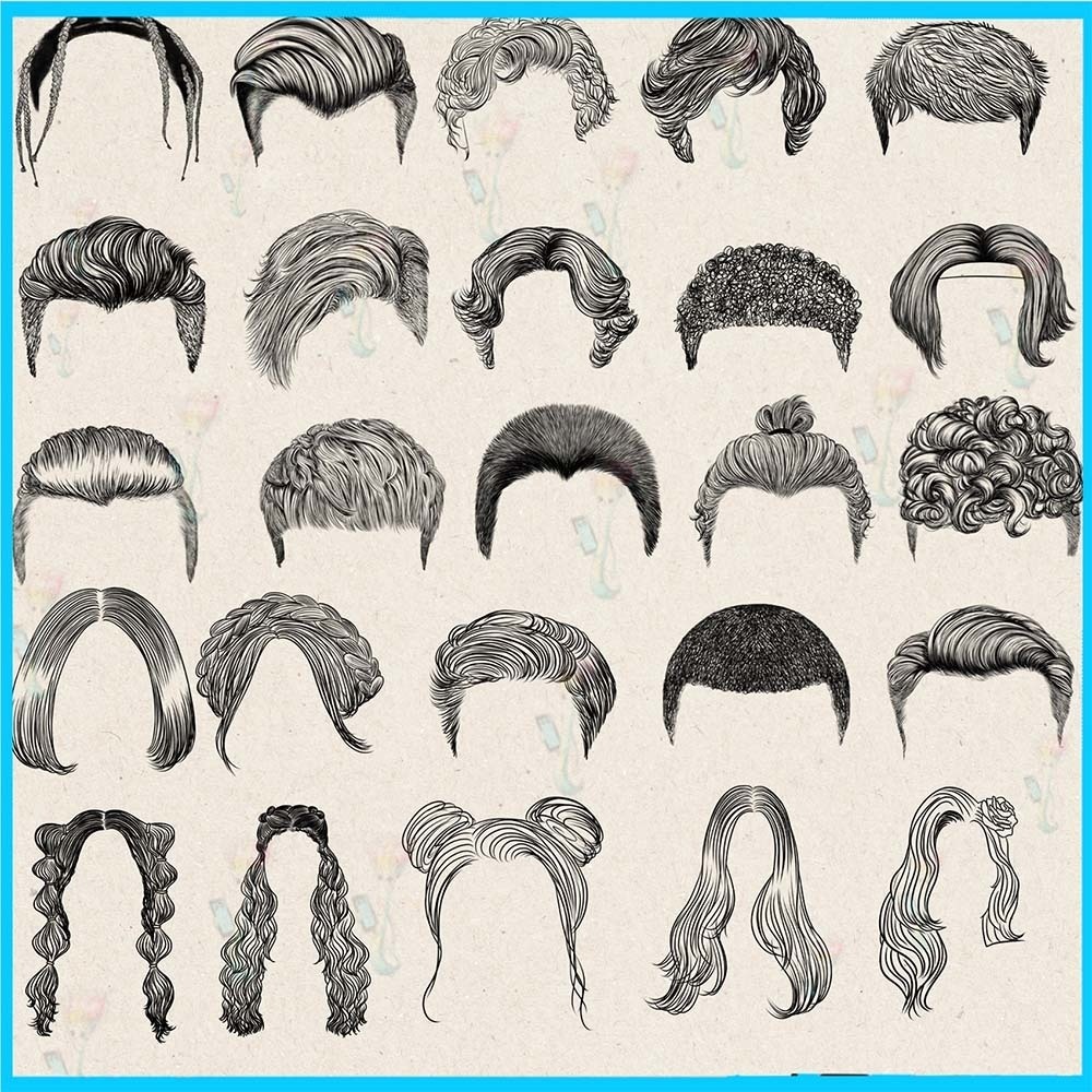 ProcreateとPhotoshop用のアニメ風ヘアスタイルブラシセット36種類 - ヘアスタイル、男性と女性のキャラクターの頭、線画素材