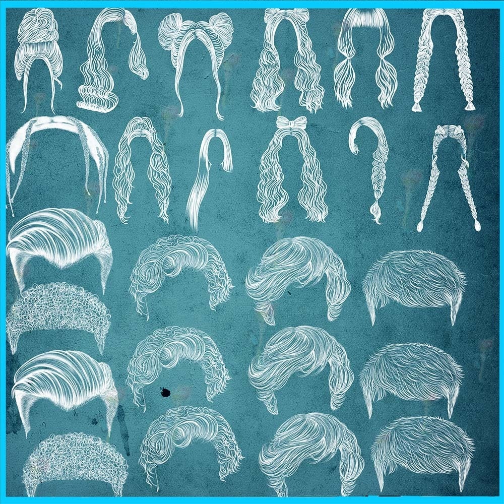 ProcreateとPhotoshop用のアニメ風ヘアスタイルブラシセット36種類 - ヘアスタイル、男性と女性のキャラクターの頭、線画素材