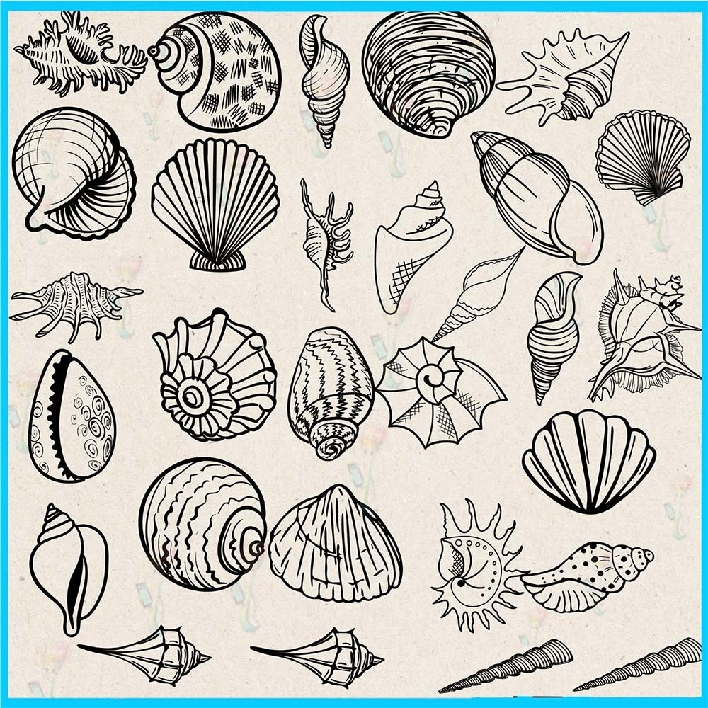 ProcreateとPhotoshop用の60種類の貝殻と海洋生物ブラシセット - ヒトデ、ホタテ貝、手描きの線画