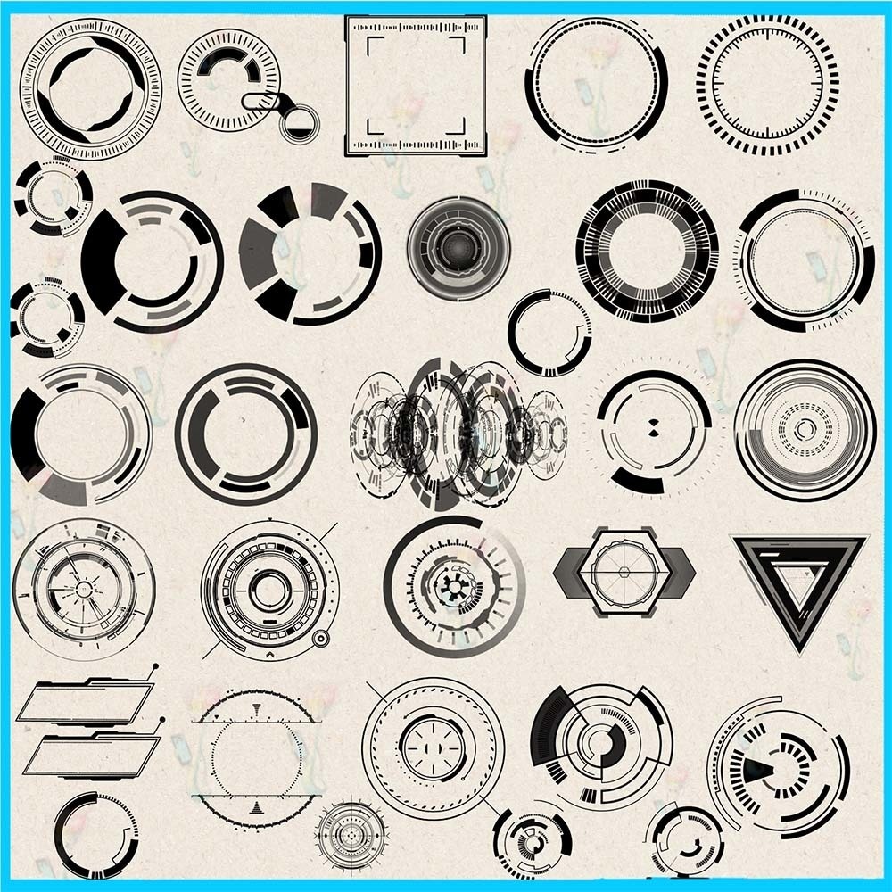 プロクリエイト&Photoshop用 48種 サイバーパンク・SFテクノロジーブラシセット - 未来的な境界線・HUD・酸性ライン素材