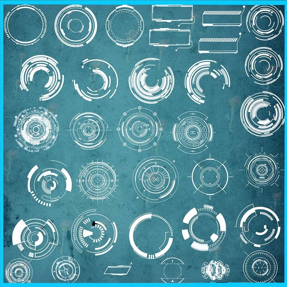 プロクリエイト&Photoshop用 48種 サイバーパンク・SFテクノロジーブラシセット - 未来的な境界線・HUD・酸性ライン素材