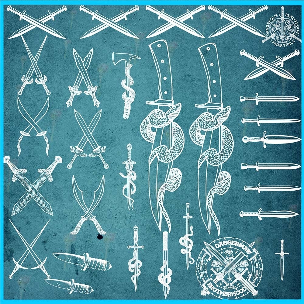 ProcreateとPhotoshop用のレトロなタトゥー、頭蓋骨、武器のブラシセット60種類 - 海賊、剣、斧、装飾素材