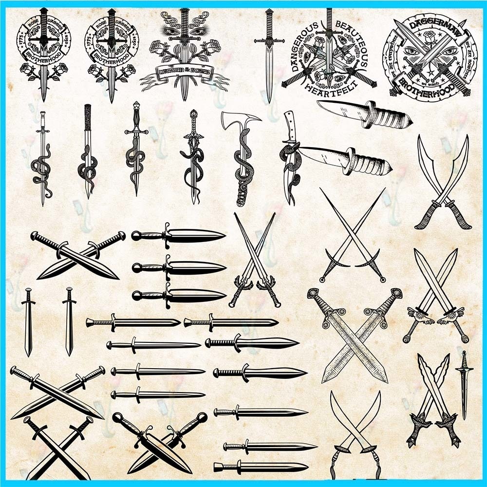 ProcreateとPhotoshop用のレトロなタトゥー、頭蓋骨、武器のブラシセット60種類 - 海賊、剣、斧、装飾素材