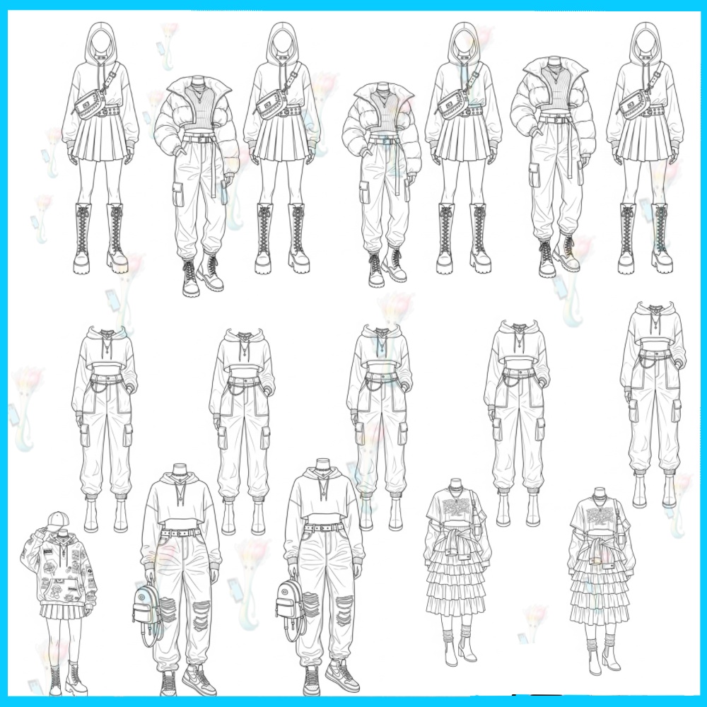 【50種 Procreateスタンプ】アニメ・マンガ風 全身ファッションポーズ集 - 線画ブラシセット (商用利用可)