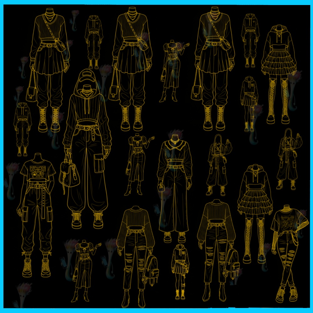 【50種 Procreateスタンプ】アニメ・マンガ風 全身ファッションポーズ集 - 線画ブラシセット (商用利用可)