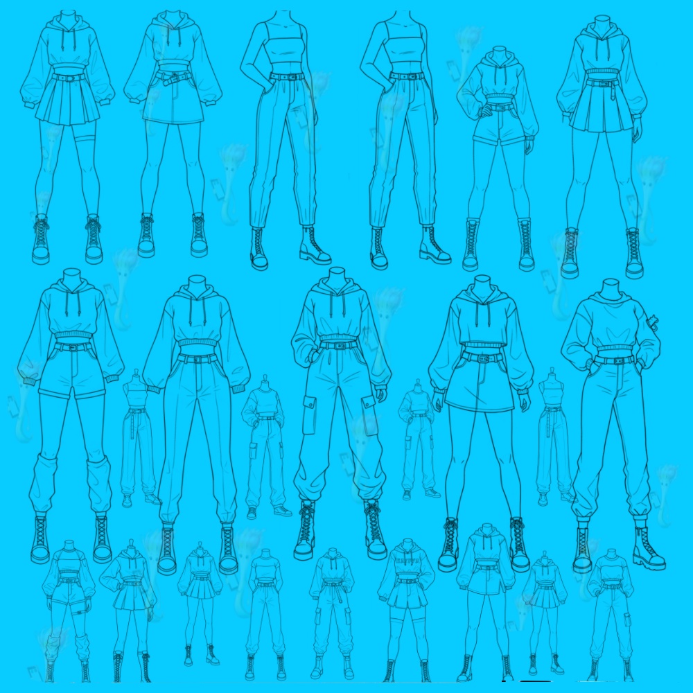 種 Procreateスタンプ アニメ・マンガ風 全身ファッションポーズ集 - 線画ブラシセット (商用利用可)