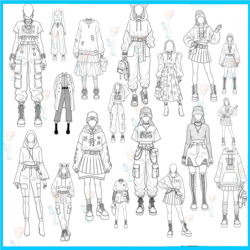 種 Procreateスタンプ アニメ・マンガ風 全身ファッションポーズ集 - 線画ブラシセット (商用利用可)