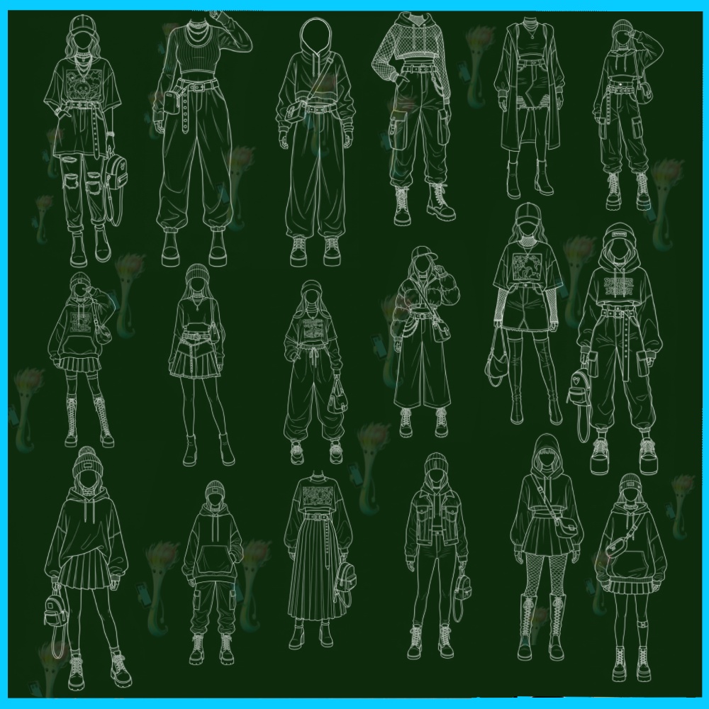 【50種 Procreateスタンプ】アニメ・マンガ風 最新ファッション線画集 - キャラクター衣装ブラシ