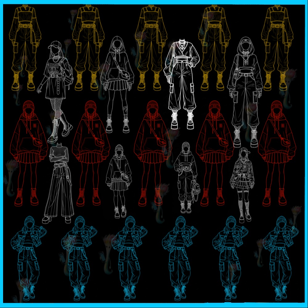 【50種 Procreateスタンプ】アニメ・マンガ風 最新ファッション線画集 - キャラクター衣装ブラシ