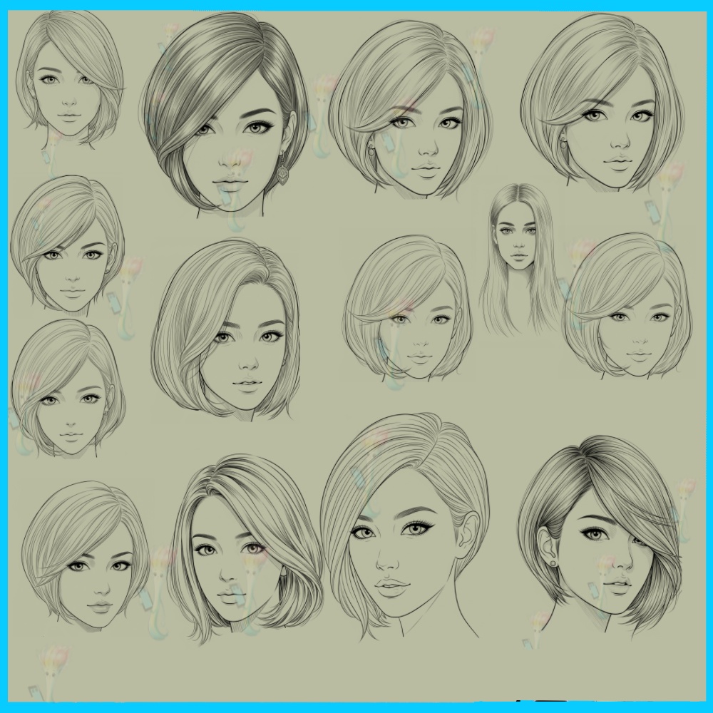【50種 Procreateスタンプ】リアル系女性の顔・ヘアースケッチ集 - デジタルポートレート線画ブラシ (商用利用可)