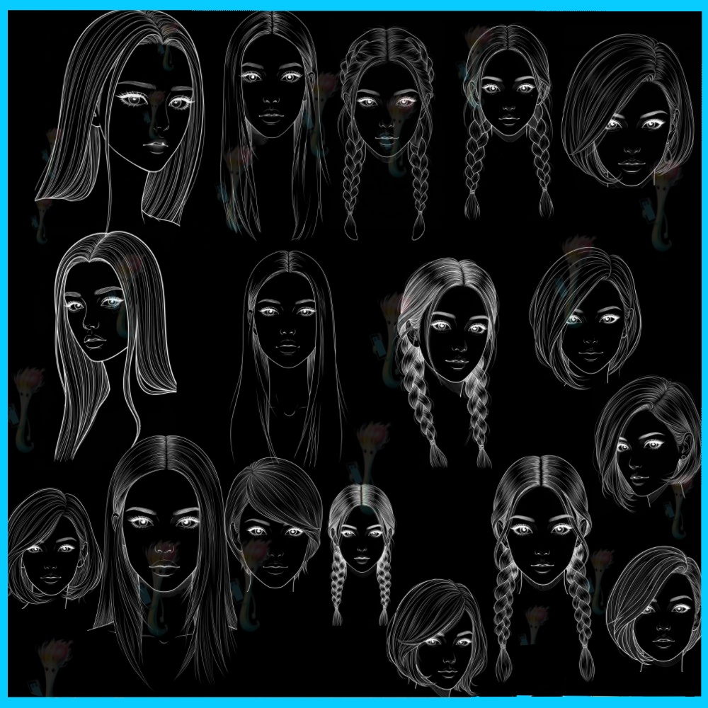 【50種 Procreateスタンプ】リアル系女性の顔・ヘアースケッチ集 - デジタルポートレート線画ブラシ (商用利用可)