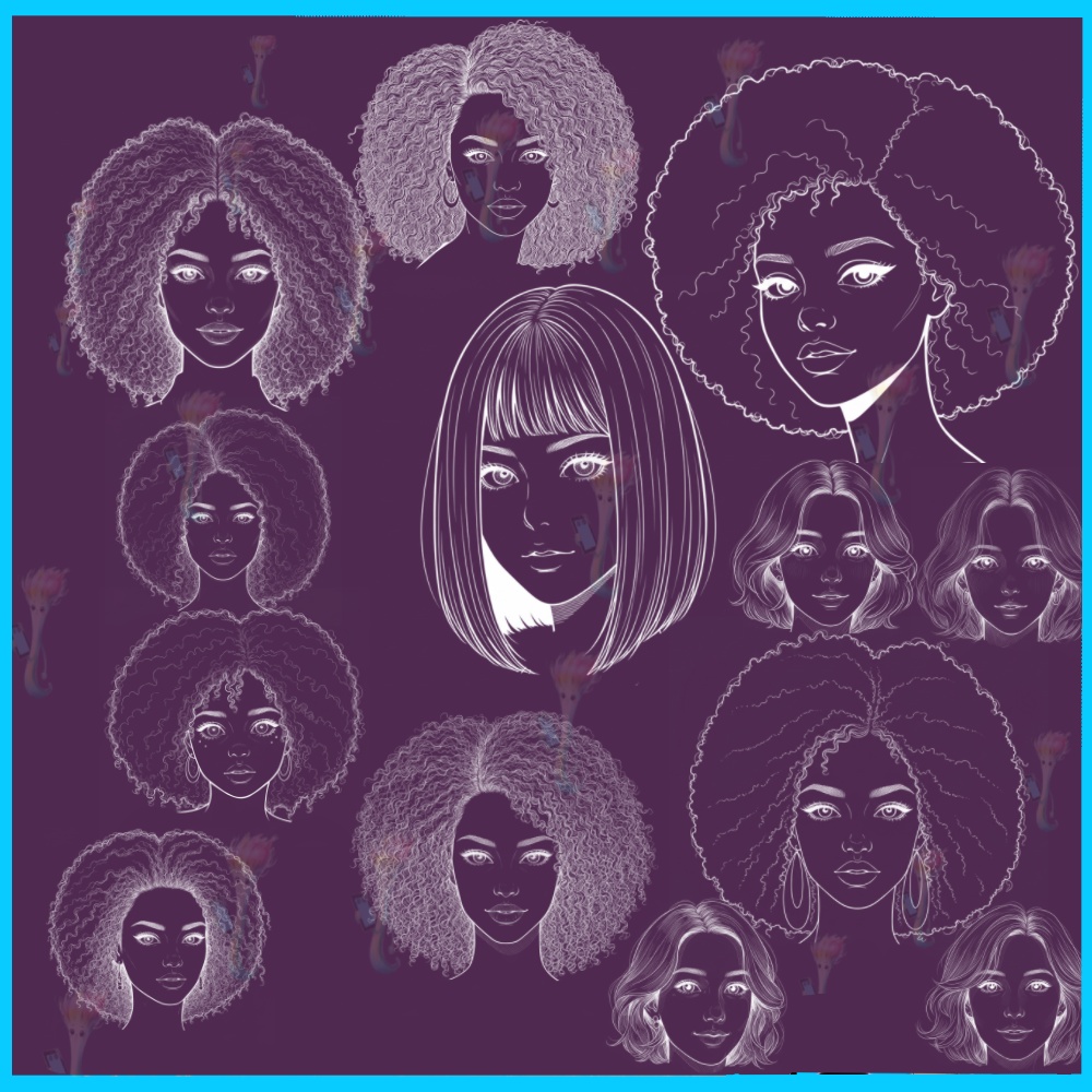 種 Procreateスタンプ 多様な髪型・顔パーツ線画集 - ポートレート & ヘアースタイルブラシ (商用利用可)