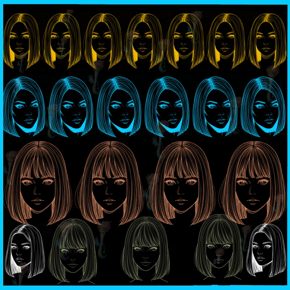 種 Procreateスタンプ 多様な髪型・顔パーツ線画集 - ポートレート & ヘアースタイルブラシ (商用利用可)