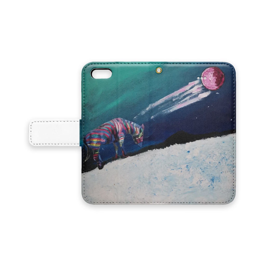 雪景色とレインボージブラ　手帳型IPhoneケース　ストラップ穴あり
