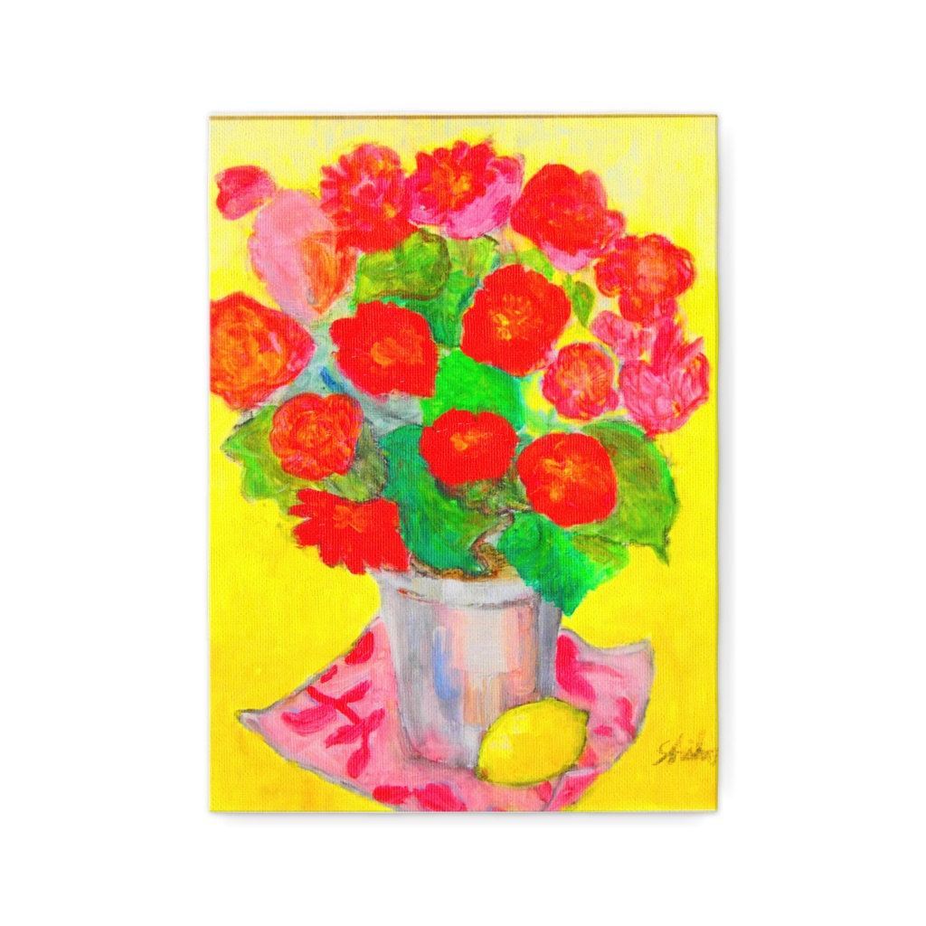 赤い花とレモン　花　インテリア　複製画