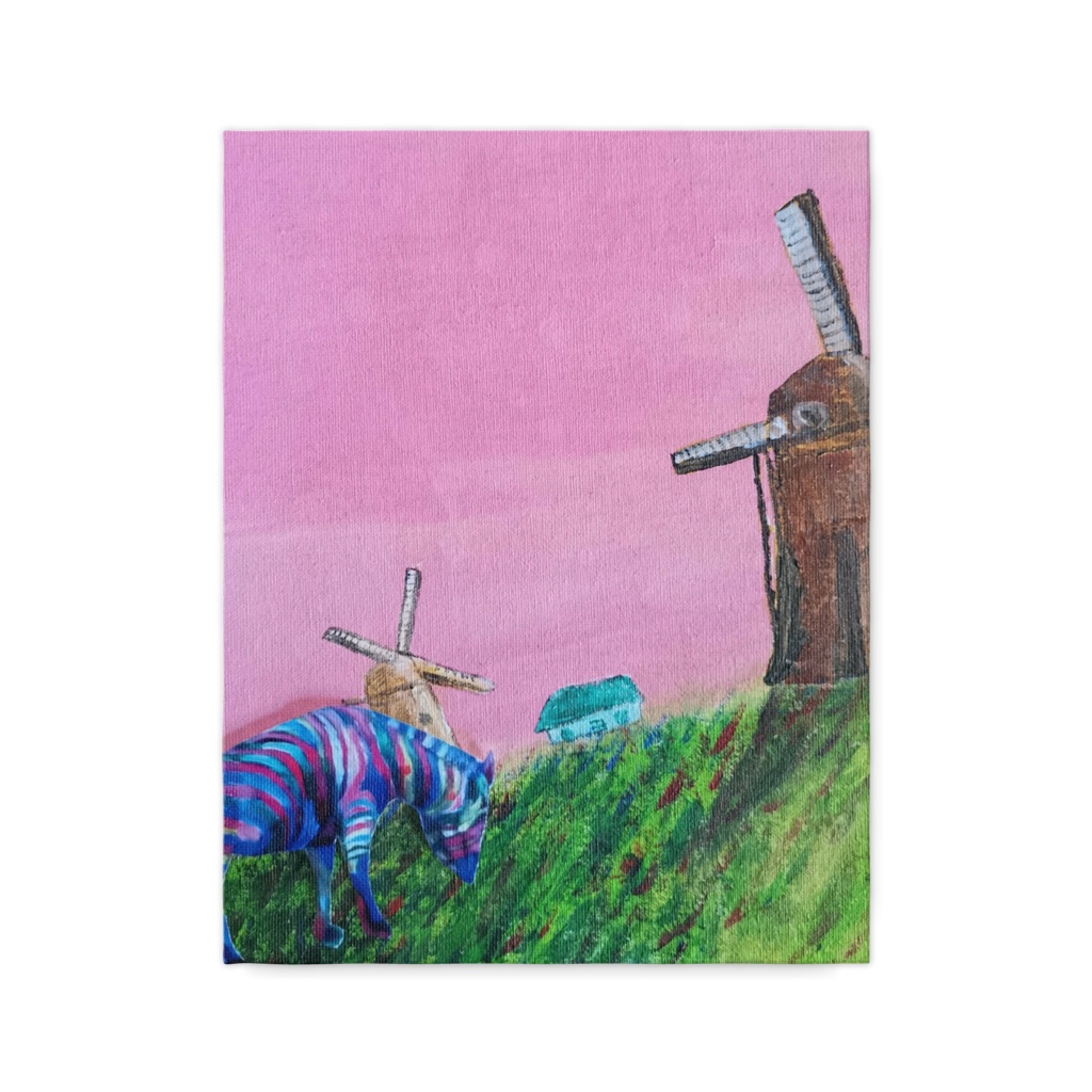 オランダの風車とレインボージブラ　アクリルの複製画　F６　キャンバス