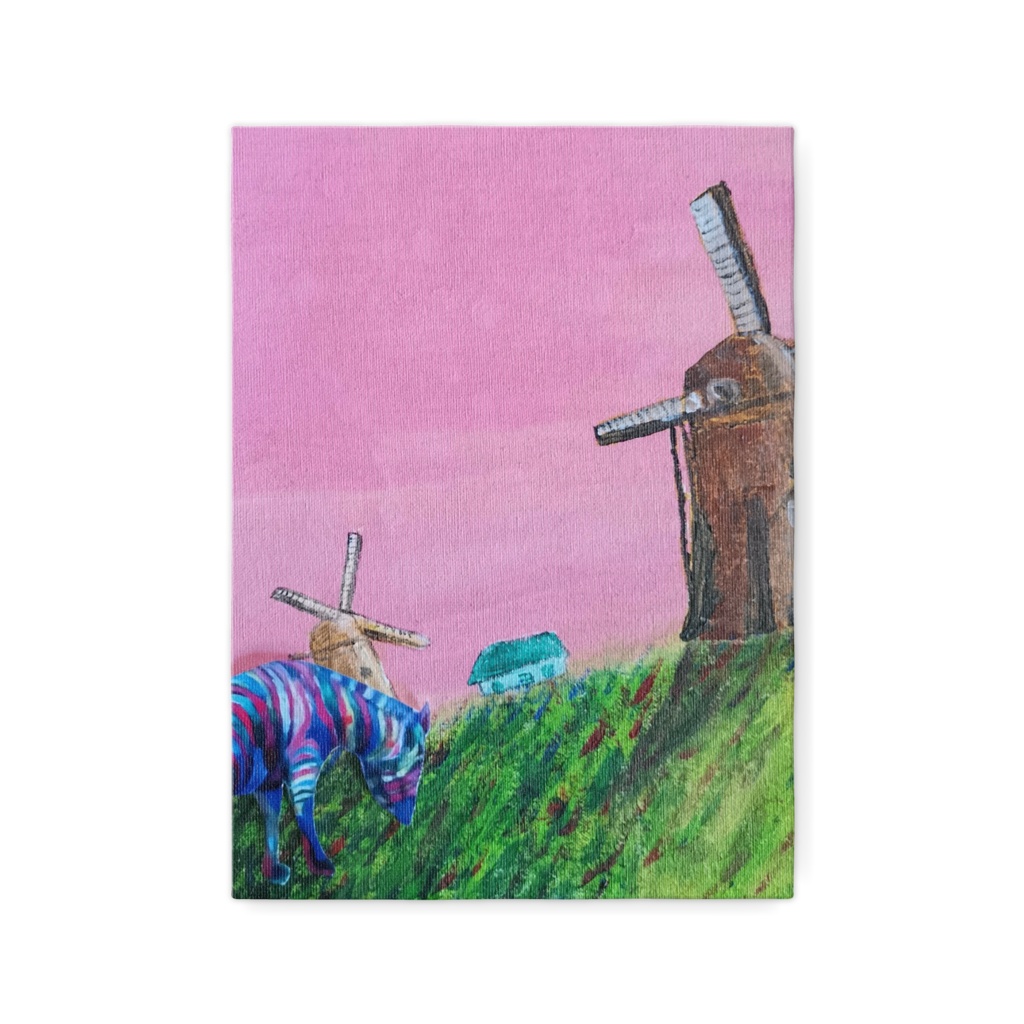オランダの風車とレインボージブラ　アクリルの複製画　キャンバス　F４