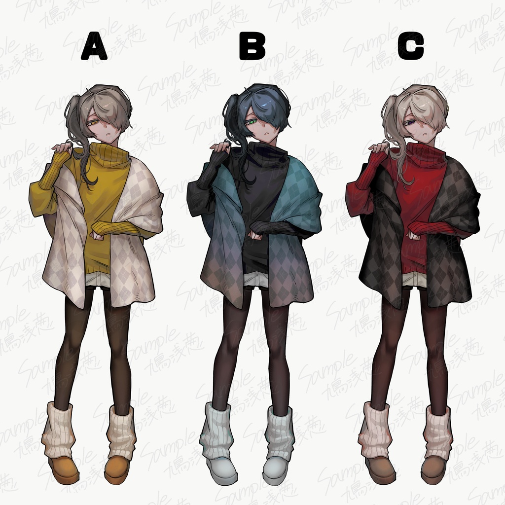 【立ち絵素材】全身「目隠れ中性キャラ」表情9種/カラバリ3種