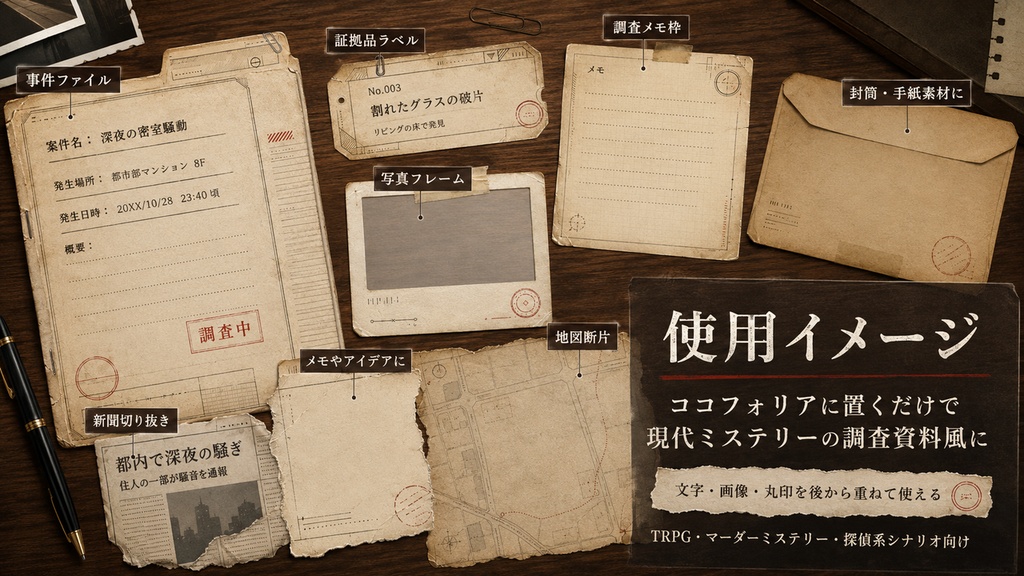 【無料版】ココフォリアに貼るだけ|現代ミステリー調査素材セット Vol.1