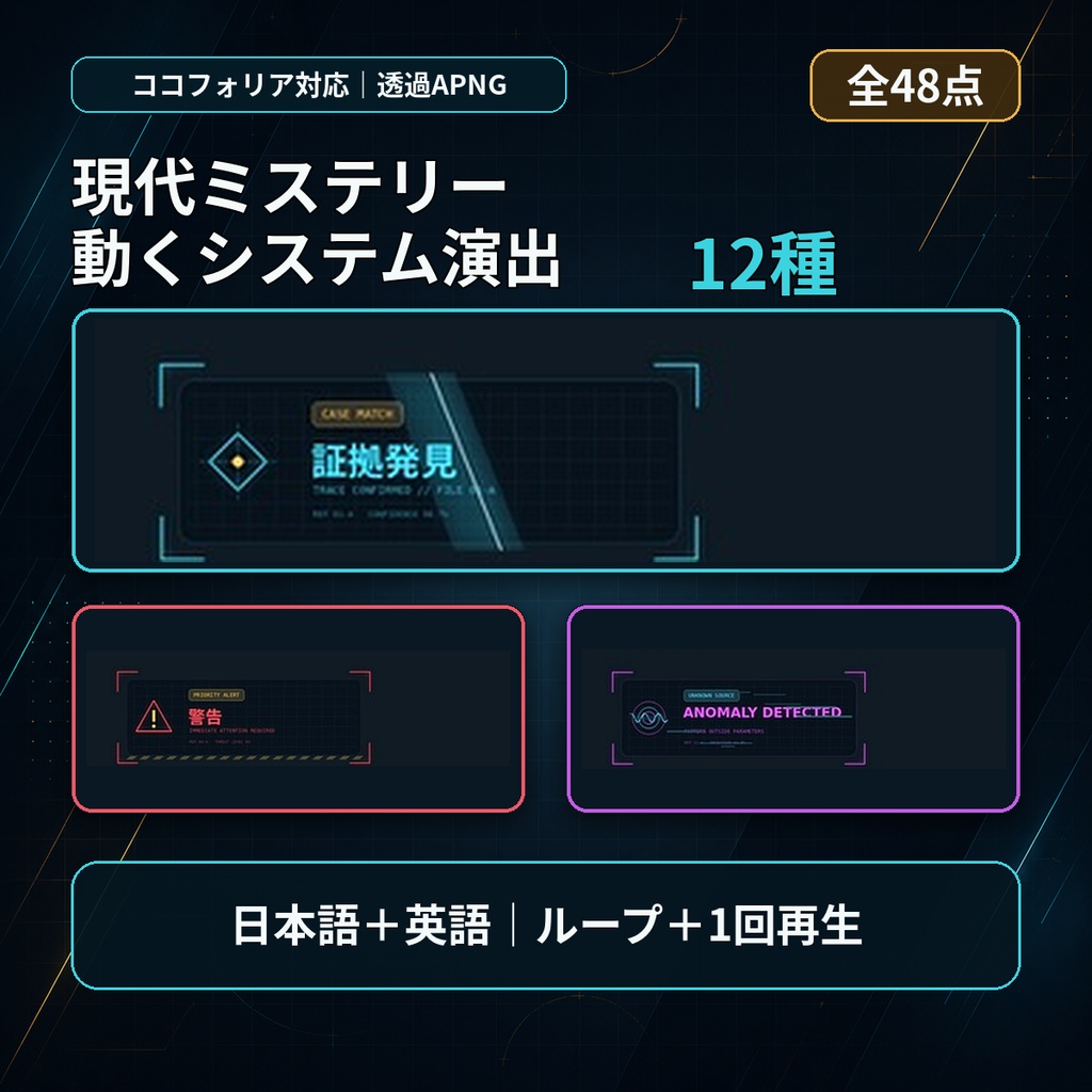 【ココフォリア/APNG】現代ミステリー・システム演出カットイン12種｜日英・ループ/1回再生・全48点