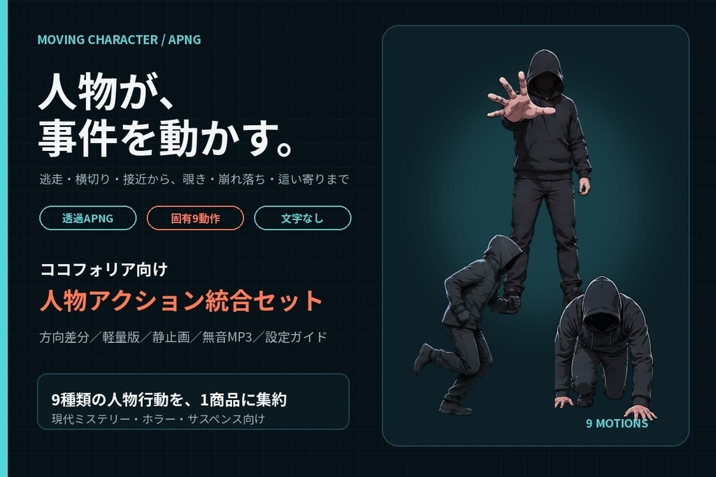 【ココフォリア/APNG】人物が動く「事件の人影」9種|逃走・接近・異変