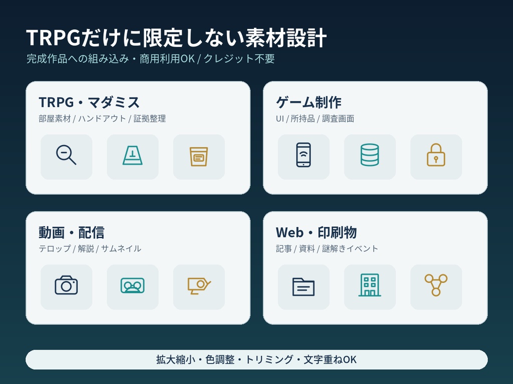【商用利用可/PNG・SVG】現代ミステリー 捜査・証拠アイコン48種|6色・全336点
