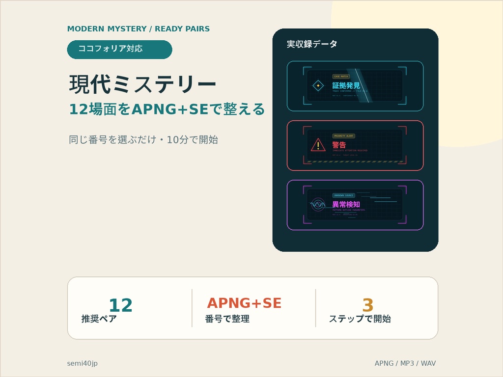 12局面が音付きで整う｜現代ミステリーAPNG・SE統合キット｜ココフォリア対応