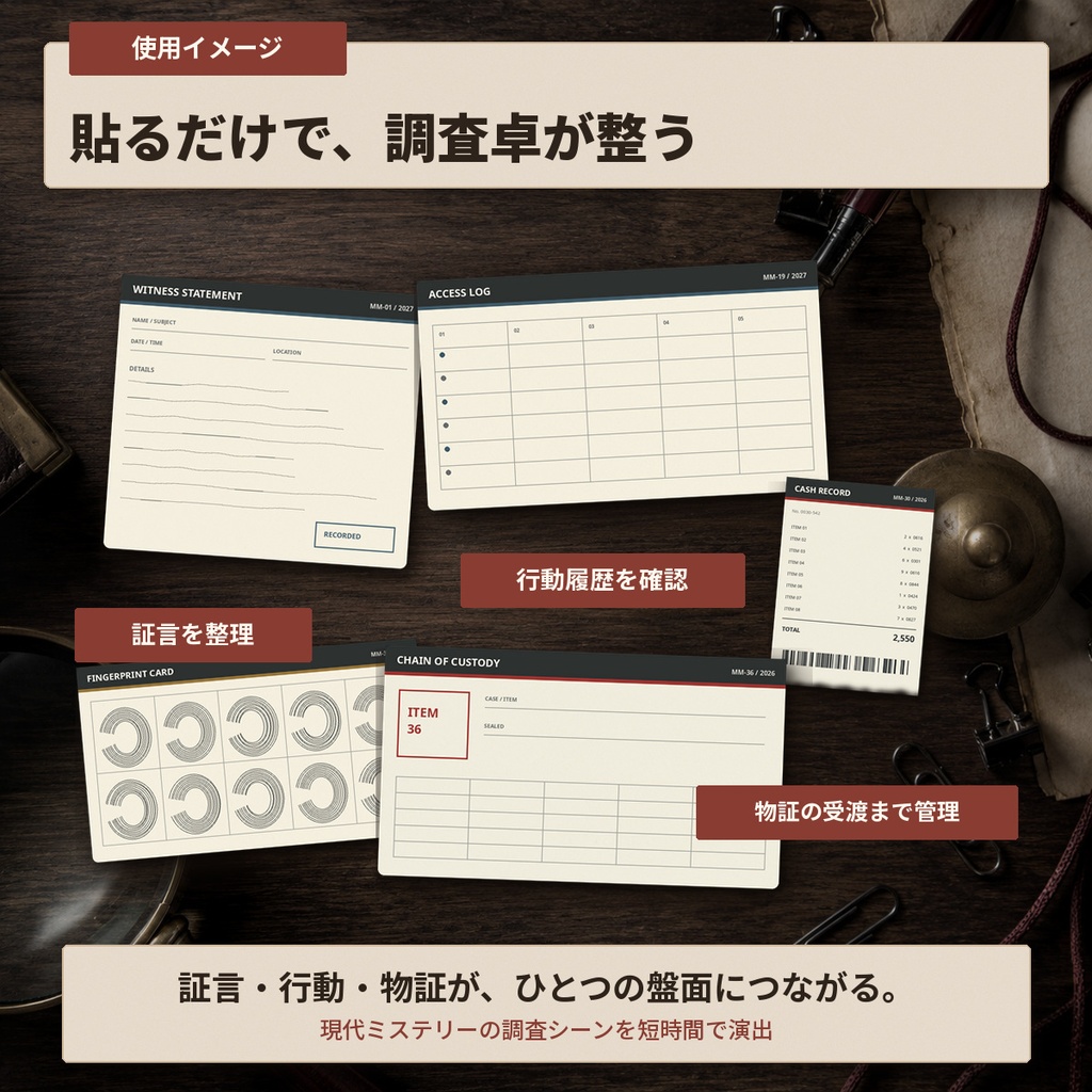 ココフォリアに貼るだけ|現代ミステリー調査素材セット Vol.2|書類・記録・証拠品36種