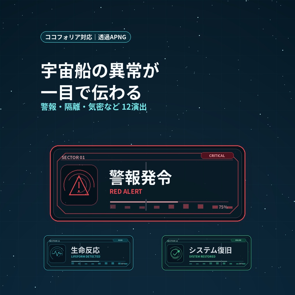 宇宙船の異常を即座に伝える｜警報・隔離・気密12演出｜ココフォリアAPNG