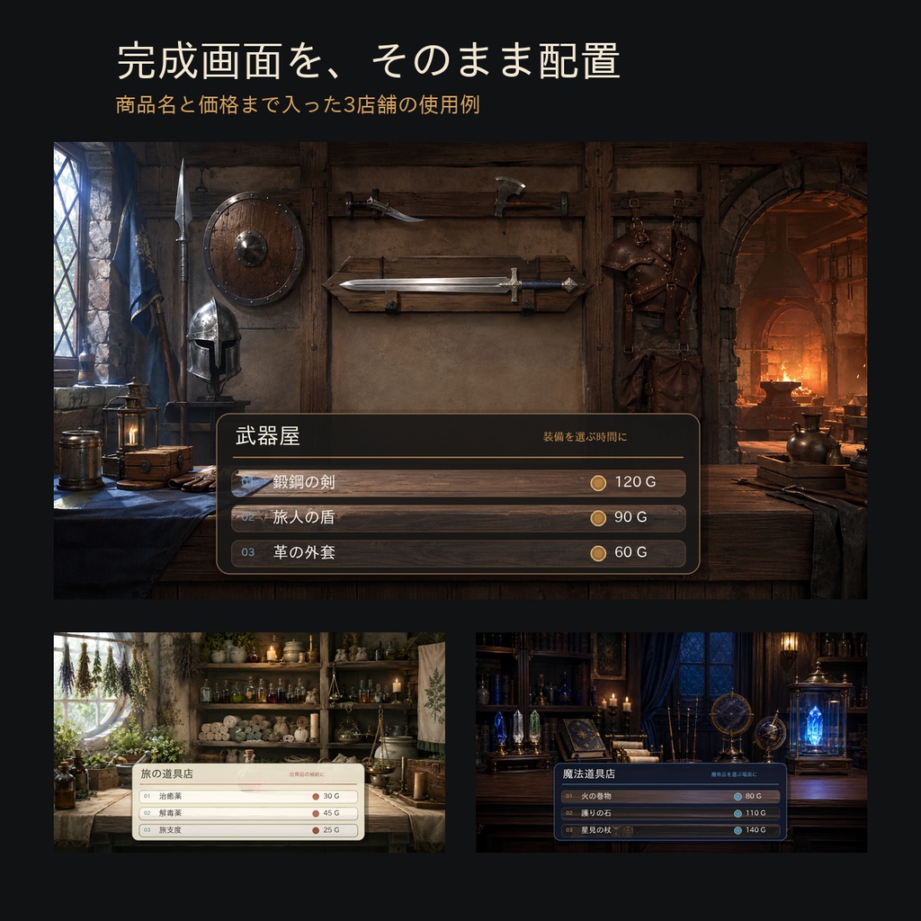 買い物シーンがすぐ始まる|武器屋・道具屋・魔法店3画面|TRPG・ココフォリア対応