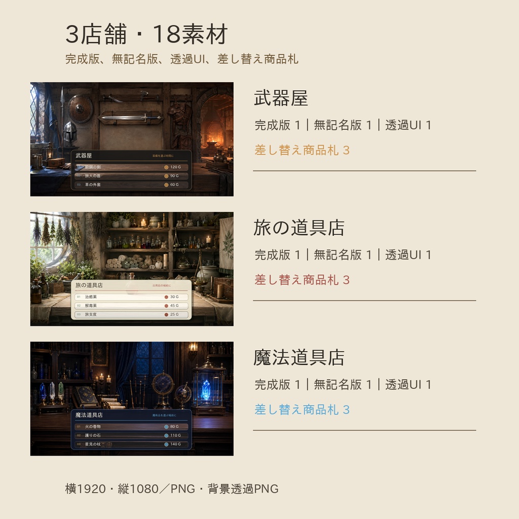 買い物シーンがすぐ始まる|武器屋・道具屋・魔法店3画面|TRPG・ココフォリア対応