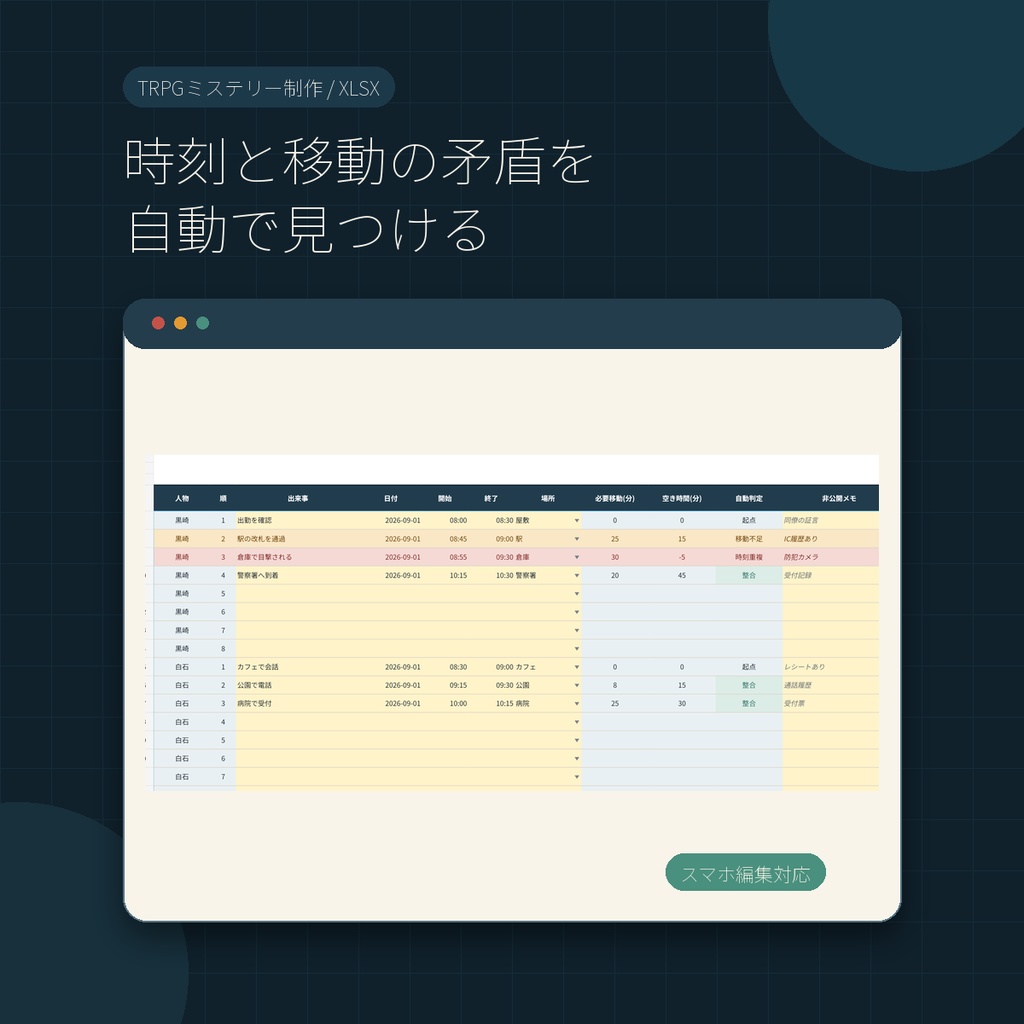 時刻と移動の矛盾を自動発見｜TRPG・マダミス時系列検証シート｜Excel・スマホ対応