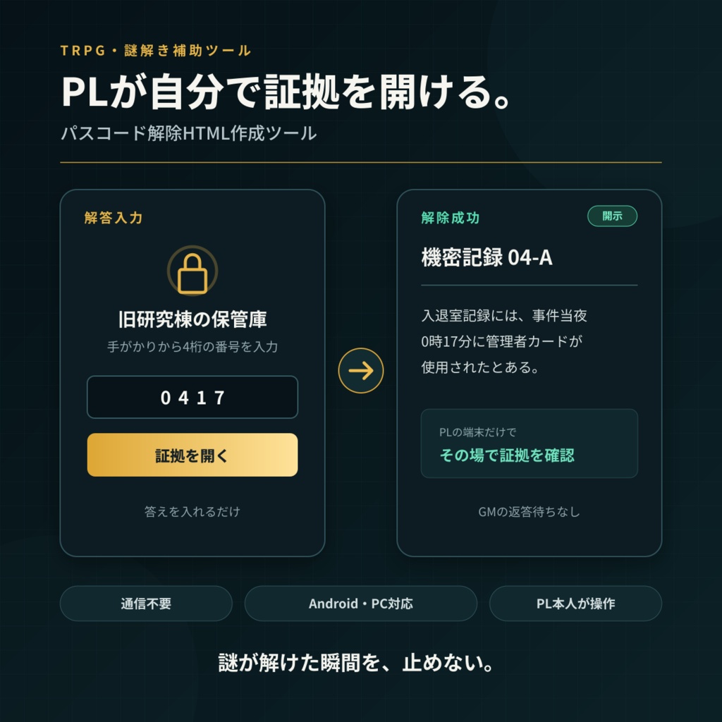 PLが自分で証拠を開ける｜パスコード解除HTML作成ツール｜TRPG・Android対応
