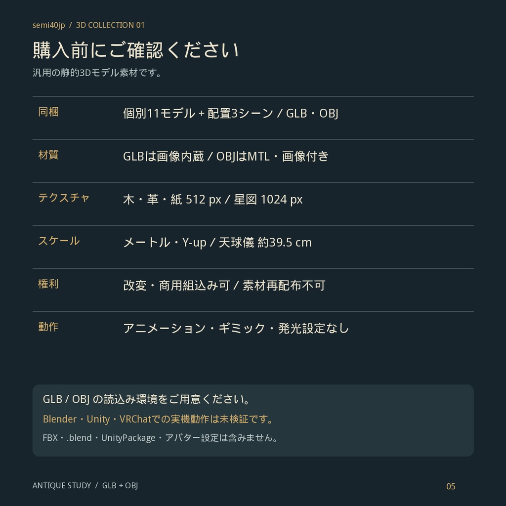 【3D小物】天球儀と古書のアンティーク書斎セット|GLB・OBJ/配置済み3シーン