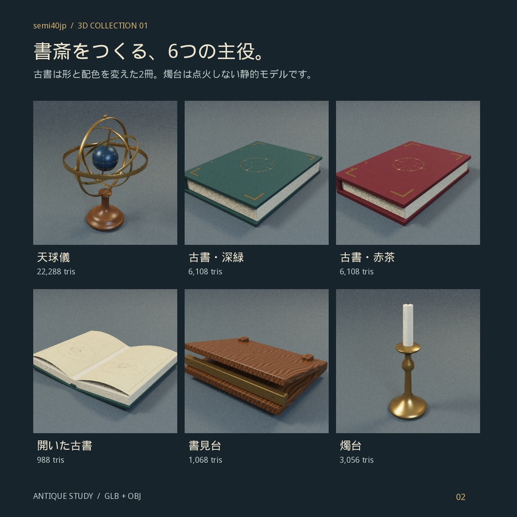 【3D小物】天球儀と古書のアンティーク書斎セット|GLB・OBJ/配置済み3シーン