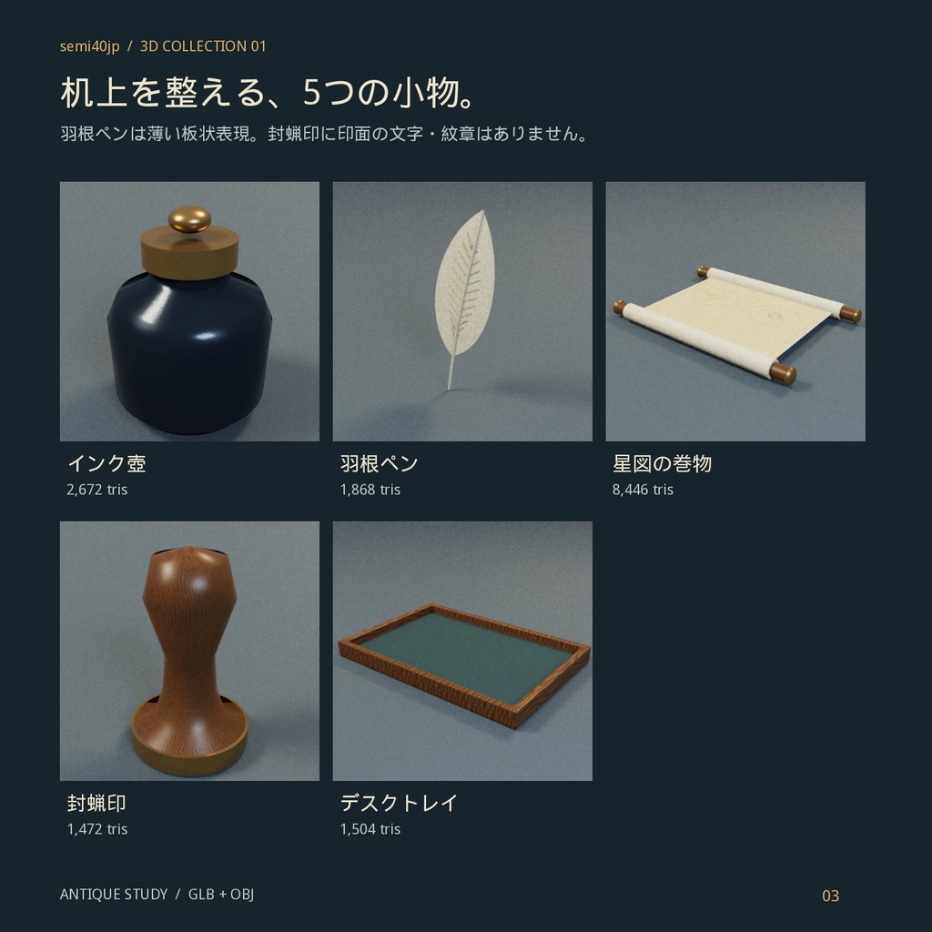 【3D小物】天球儀と古書のアンティーク書斎セット|GLB・OBJ/配置済み3シーン