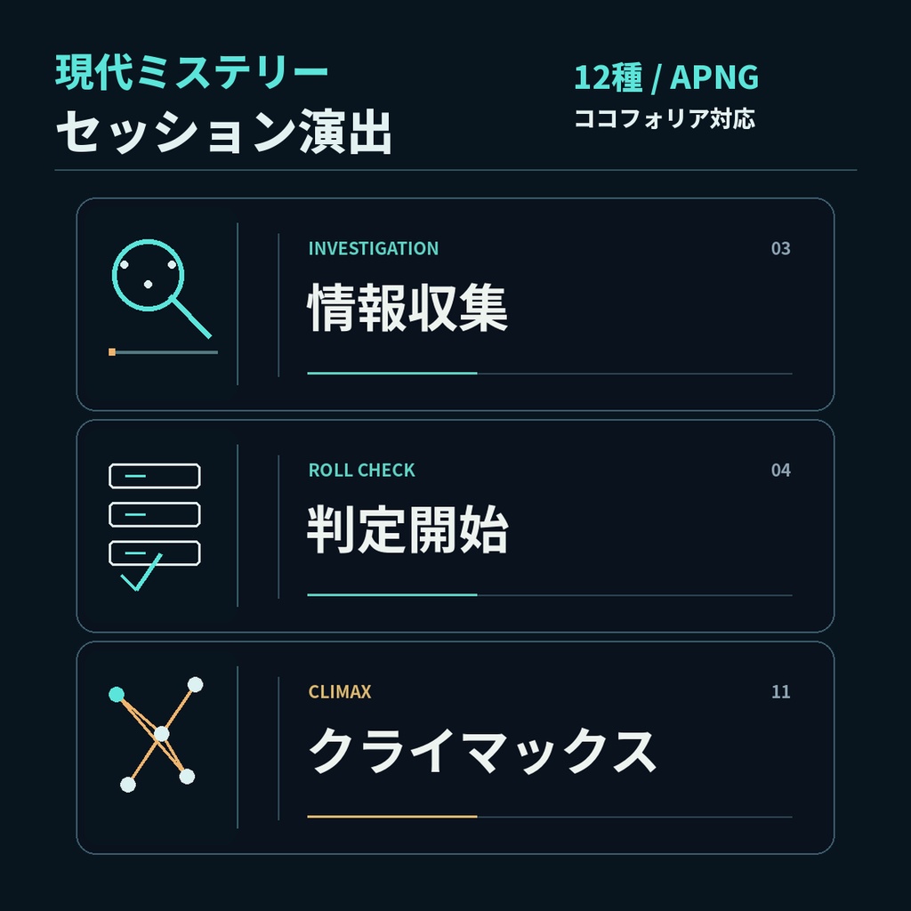 ココフォリア対応｜現代ミステリー進行演出12種｜APNG