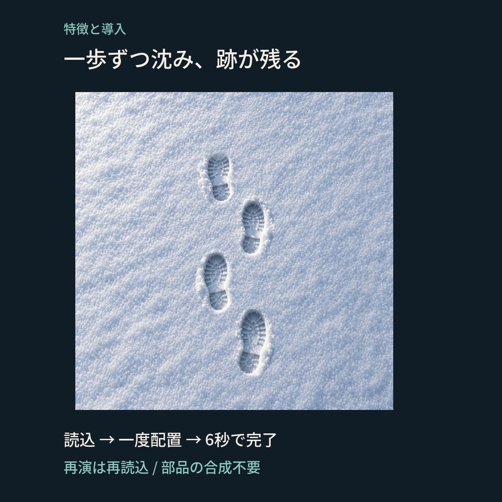 誰もいない雪面に足跡が残る|姿のない5歩|怪異・追跡シーン用APNG背景素材