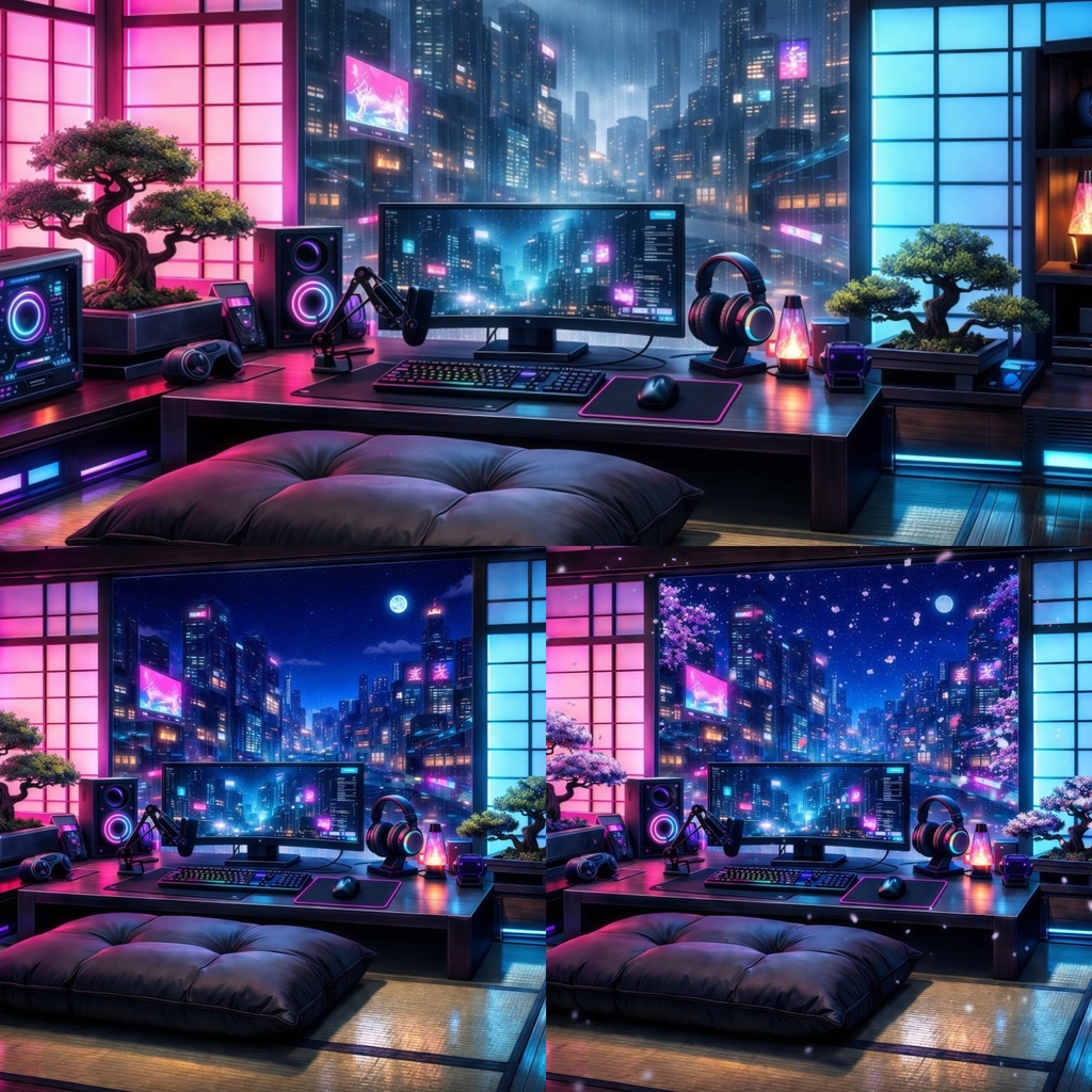 【3K高画質】電脳サイバー和室 背景素材 3種セット — 雨・星・夜桜 —