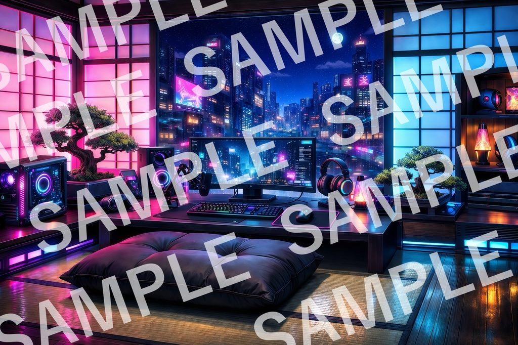 【3K高画質】電脳サイバー和室 背景素材 3種セット — 雨・星・夜桜 —