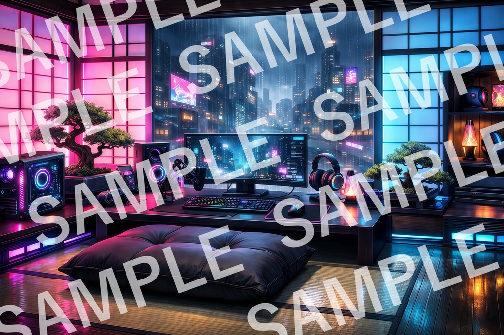 【3K高画質】電脳サイバー和室 背景素材 — 雨 —