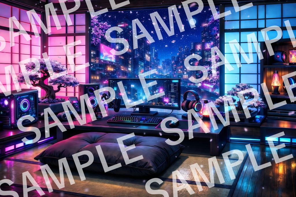 【3K高画質】電脳サイバー和室 背景素材 — 夜桜 —