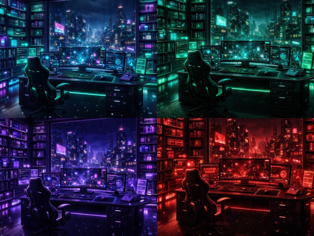 【3K高画質】電脳ネオン・ライブラリ 背景素材 4種セット — Emerald / Violet / Red / Mix —