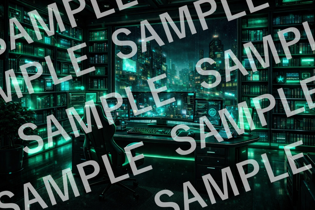 【3K高画質】電脳ネオン・ライブラリ 背景素材 — Emerald —