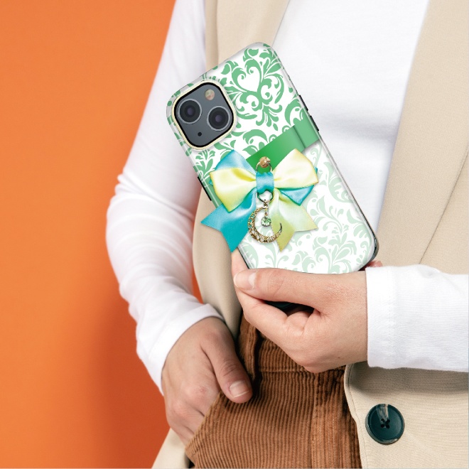 リボンスマホケース リボン スマホケース カバー ハードケース iPhone Android スマホ オシャレ ダマスク レッド ピンク かわいい 姫系 月 スワロフスキー チャーム プレゼント ギフト 柄 アイフォン アンドロイド グリーン ブルー パープル サテン ケース