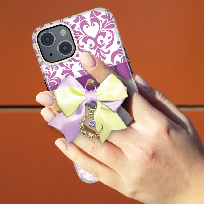 リボンスマホケース リボン スマホケース カバー ハードケース iPhone Android スマホ オシャレ ダマスク レッド ピンク かわいい 姫系 月 スワロフスキー チャーム プレゼント ギフト 柄 アイフォン アンドロイド グリーン ブルー パープル サテン ケース