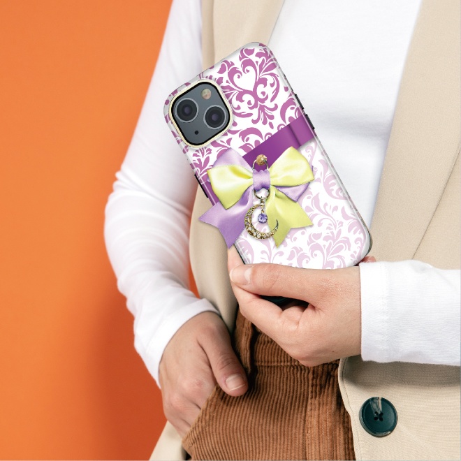 リボンスマホケース リボン スマホケース カバー ハードケース iPhone Android スマホ オシャレ ダマスク レッド ピンク かわいい 姫系 月 スワロフスキー チャーム プレゼント ギフト 柄 アイフォン アンドロイド グリーン ブルー パープル サテン ケース