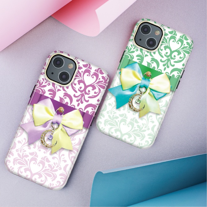リボンスマホケース リボン スマホケース カバー ハードケース iPhone Android スマホ オシャレ ダマスク レッド ピンク かわいい 姫系 月 スワロフスキー チャーム プレゼント ギフト 柄 アイフォン アンドロイド グリーン ブルー パープル サテン ケース